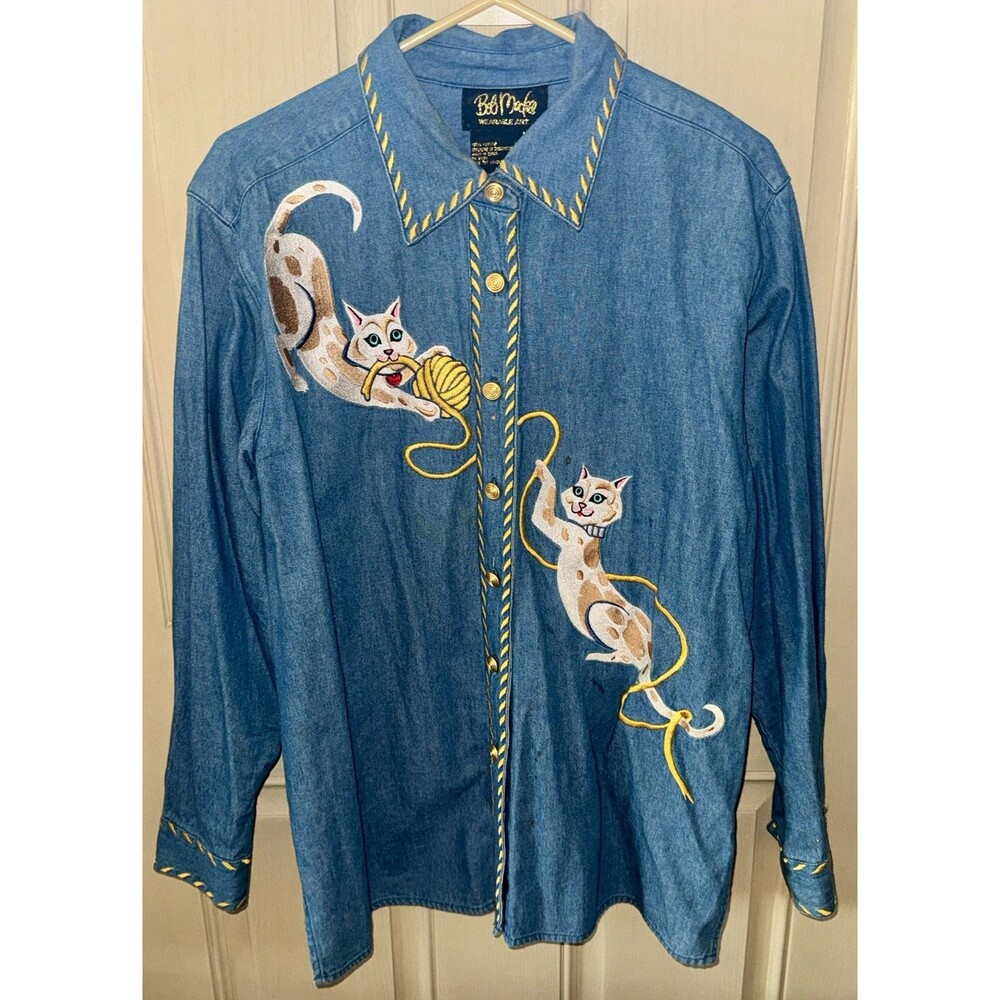 Maximalist Bob Mackie wearable art blue shirt with cats meow kitten animal